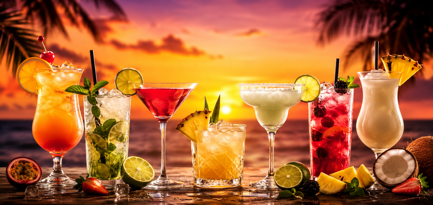 Cocktails am Strand bei Sonnenuntergang